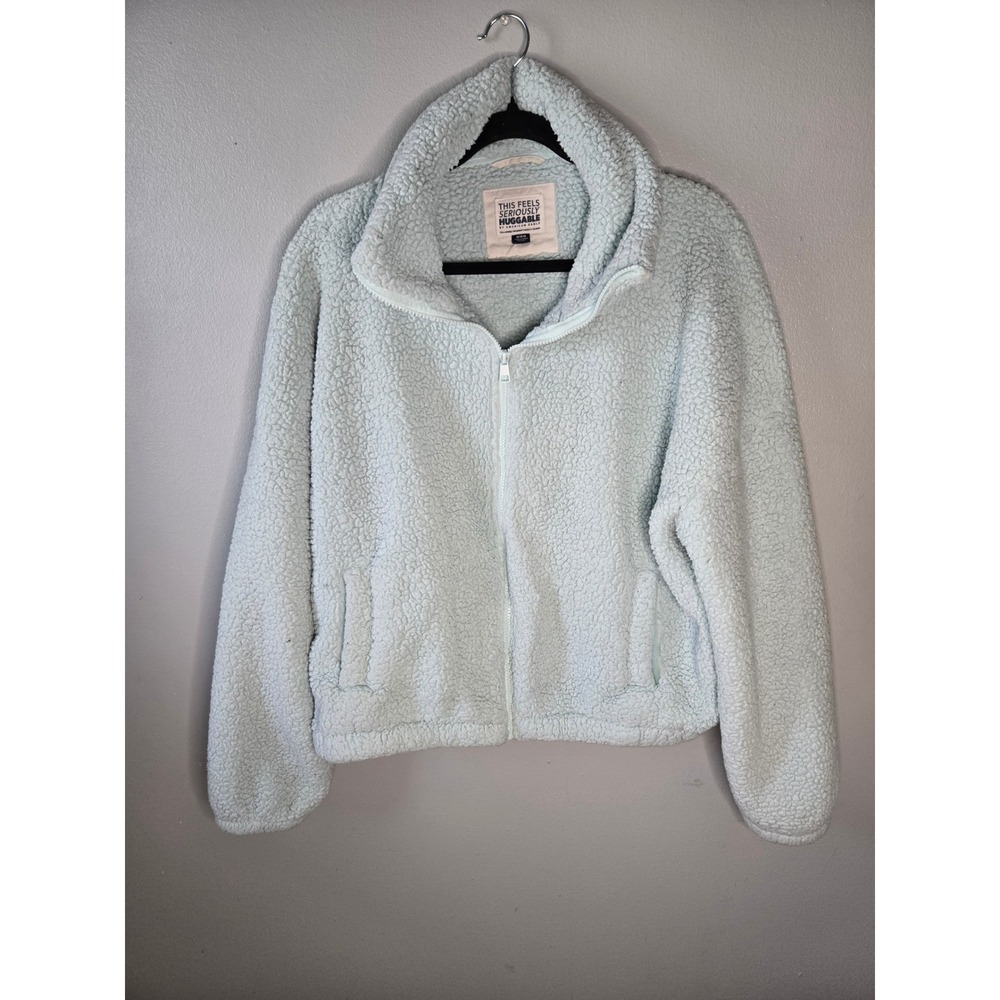 American Eagle Sherpa Jacket Medium Cropped Zip Blue Cozy‎ Soft Girl Aesthetic